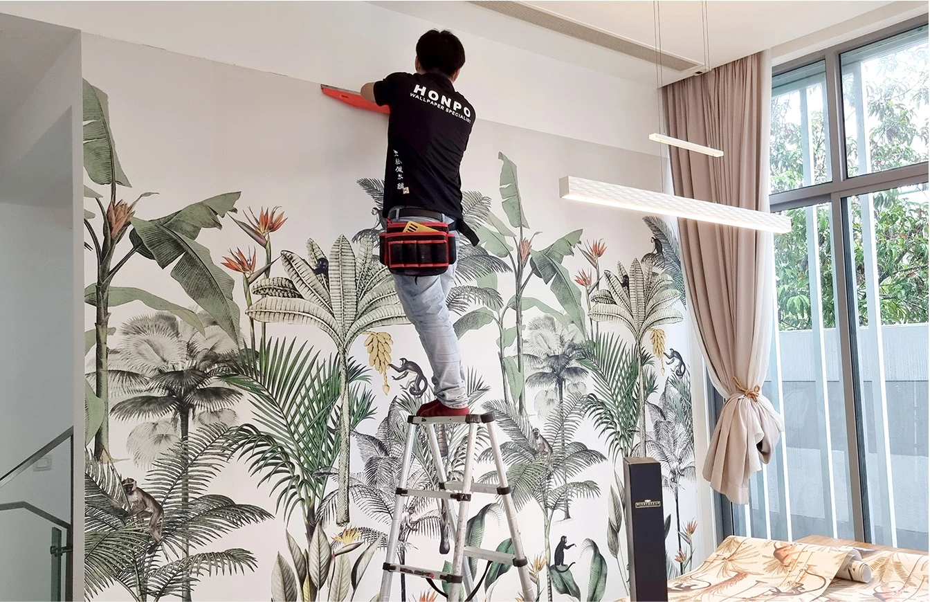 Tropical dining-themed mural wallpaper installation